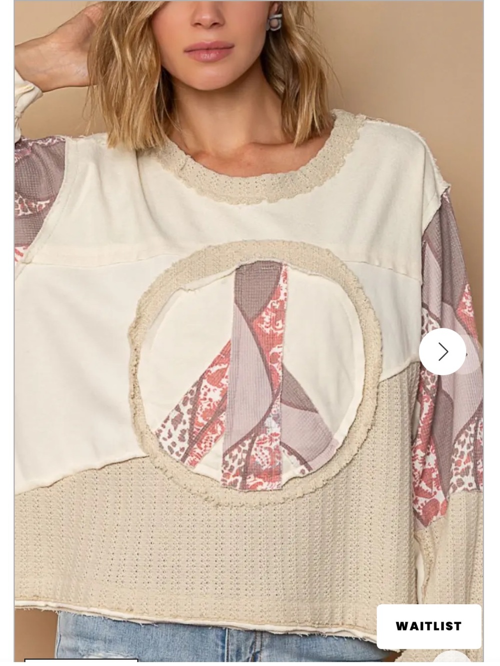 NEW POL Cotton Blend Milk Waffle Contrast Knit Peace Patchwork Cream Top, Small